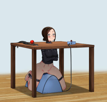 1girl absurdres barefoot bdsm blush bondage bottomless bound bound_arms bound_legs brown_eyes brown_hair closed_mouth commission eudetenis feet female_focus floor frogtie full_body glasses highres indoors medium_hair navel no_panties original pussy restrained riding_machine second-party_source sex_machine sex_toy simple_background stationary_restraints straitjacket strap sybian table uncensored vibrator wooden_floor yuriko_(pretzelfan)