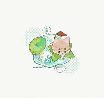 Rule 34 | :3, animal ears, artist name, black eyes, bubble, cat ears, cattail, cattail (plants vs. zombies), closed mouth, colored sclera, commentary, film grain, from above, green eyes, grey background, halftone, halftone background, highres, hightguy, leaf, lily pad, lily pad (plants vs. zombies), looking at viewer, looking to the side, no humans, on water, plant, plants vs. zombies, simple background, solid oval eyes, symbol-only commentary, water, water drop, yellow sclera