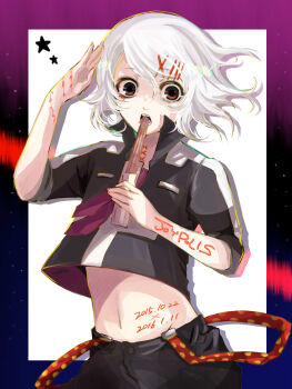 Rule 34 | 1boy, androgynous, belt, black pants, black shirt, border, commentary request, cowboy shot, cropped shirt, dated, eating, hair ornament, hairclip, highres, looking at viewer, loose belt, male focus, midriff, navel, open mouth, pants, parallel hairclips, red eyes, salute, shirt, shishi (eai make), short hair, short sleeves, solo, standing, star (symbol), stitched arm, stitched neck, stitches, suzuya juuzou, swept bangs, tokyo ghoul, white background, white hair, x hair ornament