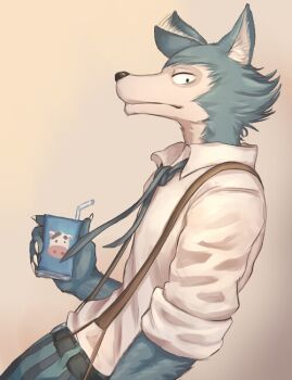 1boy beastars blue_pants closed_mouth collared_shirt commentary_request drink_carton drinking_straw furry furry_male grey_background hierotubas holding holding_milk_carton legoshi male_focus milk_carton necktie pants shirt simple_background solo suspenders white_shirt wolf_boy