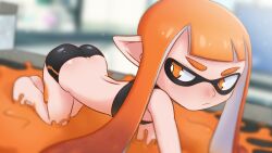 1girl :/ absurdres all_fours ass barefoot black_shorts blunt_bangs blurry blurry_background commentary english_commentary greatm8 highres inkling inkling_girl inkling_player_character long_hair looking_back nintendo outdoors paint paint_on_body paint_on_clothes pointy_ears shorts sidelocks solo splatoon_(series) tentacle_hair thick_eyebrows v-shaped_eyebrows variant_set