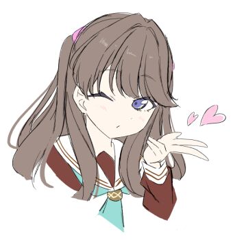 1girl aqua_neckerchief blowing_kiss brown_hair commentary_request fujishima_megumi hasu_no_sora_school_uniform heart link!_like!_love_live! long_hair long_sleeves looking_at_viewer love_live! neckerchief purple_eyes sailor_collar school_uniform solo tsubuan_(in_taiyaki) two_side_up virtual_youtuber w white_sailor_collar winter_uniform