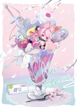 1girl absurdres ahoge animal_ear_fluff animal_ear_piercing animal_ears animal_feet anklet blue_background braid braided_twintails bright_pupils commentary_request cup flying_sweatdrops food fruit furry furry_female green_shirt highres holding holding_spoon ice_cream jewelry long_hair looking_at_viewer pink_background pink_fur pink_hair price_tag rabbit_ears rabbit_girl red_eyes screw shinakou shirt short_eyebrows solo spoon strawberry sword thick_eyebrows two-tone_background weapon white_pupils zenless_zone_zero zhao_(zenless_zone_zero)