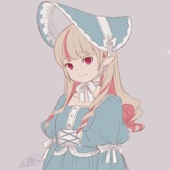 1girl absurdres alternate_costume aqua_bonnet aqua_dress bonnet brown_hair colored_inner_hair dress hashtag-only_commentary highres juliet_sleeves lolita_fashion long_hair long_sleeves makaino_ririmu mayoineko multicolored_hair nijisanji pink_eyes pink_hair pointy_ears puffy_sleeves ringlets signature simple_background sketch sleeve_ribbon smile solo two-tone_hair upper_body virtual_youtuber