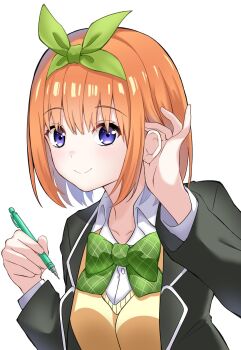 Rule 34 | 1girl, black cardigan, blue eyes, blush, bow, cardigan, closed mouth, collarbone, collared shirt, commentary request, go-toubun no hanayome, green hairband, green ribbon, hair ribbon, hairband, highres, long sleeves, looking at viewer, nakano yotsuba, orange hair, pen, ribbon, shirt, short hair, smile, solo, sweater vest, white background, white shirt, yamichi (yamichi8369), yellow sweater vest