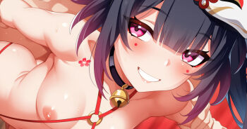 1boy 1girl bell black_hair breasts commentary commentary_request completely_nude cropped english_commentary feet_out_of_frame flower_tattoo grabbing_from_behind hetero honkai:_star_rail honkai_(series) long_hair mixed-language_commentary neck_bell nipples nude paid_reward_available purple_eyes small_breasts smile sparkle_(honkai:_star_rail) takashia tattoo