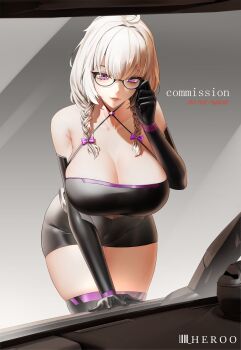 1girl absurdres adjusting_eyewear arm_support artist_name bare_shoulders black_dress black_gloves black_thighhighs bow braid breasts cleavage collarbone commentary dress elbow_gloves english_commentary english_text feet_out_of_frame glasses gloves grey_background grey_hair hair_bow hand_on_eyewear highres large_breasts leaning_forward long_hair looking_at_viewer louu_heroo open_mouth original parted_lips purple_bow purple_eyes race_queen simple_background solo standing thighhighs thighs twin_braids