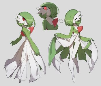 ... 1girl absurdres bob_cut closed_eyes colored_skin dress flowerpigeon gardevoir gen_3_pokemon glowing glowing_eyes green_hair green_skin grey_background highres multicolored_skin multiple_views nintendo pokemon pokemon_(creature) red_eyes simple_background two-tone_skin white_dress white_skin