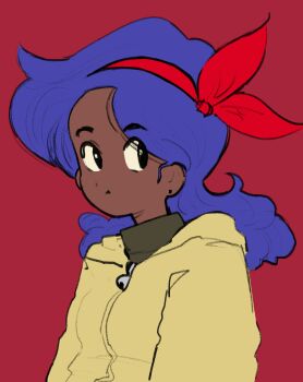 Rule 34 | 1girl, absurdres, black eyes, blue hair, bow, closed mouth, dark-skinned female, dark skin, dragon ball, earrings, highres, jacket, jewelry, lunch (dragon ball), red bow, solo, squidmiku , tagme, yellow jacket