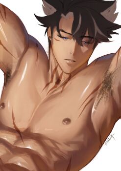 abs armpit_hair arms_up artist_name black_hair blue_eyes closed_mouth colored_inner_hair dark_nipples earrings eltdoa flexing_pectorals genshin_impact grey_hair highres jewelry male_focus multicolored_hair multiple_scars muscular muscular_male nipples nude pectorals scar scar_on_arm scar_on_chest scar_on_face scar_on_neck scar_on_shoulder short_hair simple_background upper_body white_background wriothesley_(genshin_impact)