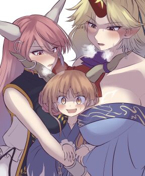 3girls :o absurdres alternate_costume blonde_hair blue_kimono blue_tabard blush bow breasts breath chain collarbone commentary_request cuffs dress elaphe_guttata6 fang frilled_dress frilled_sleeves frills girl_sandwich hair_between_eyes hair_bow highres holding_another&#039;s_arm horn_bow horn_ornament horn_ribbon horns hoshiguma_yuugi hoshiguma_yuugi_(kimono) ibaraki_douji_(touhou) ibaraki_kasen ibuki_suika japanese_clothes kimono large_breasts long_hair long_sleeves lower_teeth_only multiple_girls off-shoulder_dress off_shoulder oni open_mouth orange_hair parted_bangs partially_shaded_face pink_hair pointy_ears purple_bow raised_eyebrow red_bow red_eyes red_horns ribbon sandwiched shackles short_hair simple_background single_horn sleeveless_dres slit_pupils smile star_(symbol) sweatdrop swept_bangs tabard teeth touhou upper_body v-shaped_eyebrows very_long_hair white_background white_dress white_ribbon yellow_eyes