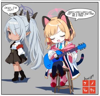 2girls :/ :d animal_ear_headphones animal_ears armband black_boots black_gloves black_necktie black_ribbon black_shirt black_thighhighs blonde_hair blue_archive blue_necktie blunt_bangs boots bow cat_ear_headphones cat_ears cat_tail chibi chibi_only closed_eyes closed_mouth collared_shirt commentary dark-skinned_female dark_skin english_commentary english_text fake_animal_ears fake_tail frown gloves grey_background grey_hair guitar hair_bow hair_intakes hair_over_one_eye hair_ribbon halo headphones high-waist_skirt highres holding holding_guitar holding_instrument instrument iori_(blue_archive) jacket long_hair long_sleeves medium_hair melissa_v2 momoi_(blue_archive) multiple_girls music necktie one_eye_covered open_clothes open_jacket open_mouth pink_boots pink_halo playing_guitar playing_instrument pleated_skirt pointy_ears purple_halo red_armband red_bow red_eyes ribbon school_uniform shirt short_necktie sidelocks simple_background sitting skirt smile speech_bubble standing tail thighhighs twintails v-shaped_eyebrows very_long_hair white_jacket white_shirt wide_sleeves