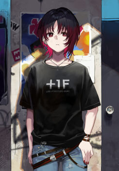 1girl absurdres applying_manicure black_hair breasts denim door earrings hands_in_pockets highres hungry_clicker jeans jewelry kisaragi_ren_(vtuber) looking_at_viewer multicolored_hair nail_polish necklace pants red_eyes red_hair shadow shirt short_hair standing virtual_youtuber vspo! wallpaper_(object)