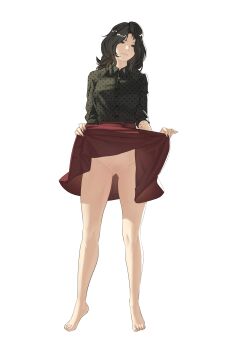 1girl absurdres arm_tattoo bare_legs barefoot black_eyes black_hair black_shirt braid breasts clair_obscur:_expedition_33 clothes_lift commentary english_commentary facial_tattoo gluteal_fold highres lifting_own_clothes long_hair long_sleeves looking_at_viewer lune_(clair_obscur:_expedition_33) medium_breasts no_panties pomelomelon red_skirt shirt skirt skirt_lift smile solo tattoo tiptoes wavy_hair white_background