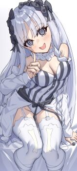 Rule 34 | 1girl, :d, absurdres, bare shoulders, black bow, blush, bow, braid, breasts, cleavage, collar, commentary request, detached sleeves, dress, fate/strange fake, fate (series), francesca prelati (fate), frilled collar, frills, garter straps, hair bow, highres, long hair, looking at viewer, medium breasts, multiple hair bows, open mouth, ringed eyes, showgirl skirt, skull print, smile, solo, striped clothes, striped dress, toukan, vertical-striped clothes, vertical-striped dress, white collar, white hair