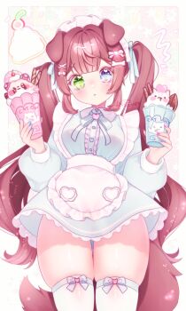1girl :&lt; animal_ears apron blue_dress blue_eyes blue_ribbon blush bone_hair_ornament border breasts brown_hair closed_mouth collared_dress commentary cowboy_shot dissociatedcat dog_ears dog_girl dog_tail double-parted_bangs dress english_commentary food green_eyes hair_ornament headdress heart heart_in_eye heterochromia highres holding holding_food holding_ice_cream ice_cream long_hair long_sleeves looking_at_viewer medium_breasts original outside_border ribbon skindentation solo symbol_in_eye tail thick_thighs thighhighs thighs twintails waist_apron white_apron white_background white_border white_headdress white_thighhighs x_hair_ornament