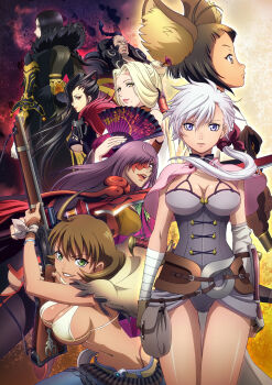 10s 2boys 6+girls ahoge alka_(blade_&amp;_soul) animal_ears bare_legs bikini bikini_top_only black_hair blade_&amp;_soul blonde_hair blue_eyes breasts brown_hair brown_lips cleavage closed_mouth dan_loana elle_karen eyebrows_hidden_by_hair eyepatch eyes_visible_through_hair floating_hair green_eyes grin gun hair_between_eyes hair_bun hair_ornament hair_stick hand_fan highres holding holding_gun holding_weapon jin_hazuki jin_seoyeon large_breasts laughing lips long_hair looking_at_viewer looking_back multiple_boys multiple_girls naughty_face official_art open_mouth orange_lips parted_bangs pink_lips purple_hair ran_yu_(blade_and_soul) red_eyes red_lips rifle serious short_hair side_ponytail sideboob smile sniper sniper_rifle standing straight_hair swimsuit thick_thighs thighs trigger_discipline underboob weapon white_hair yellow_eyes