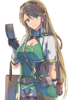 1girl arm_behind_back bag belt black_gloves black_shirt blue_eyes blush box braid breasts brown_hair buttons cellphone chiharu_(9654784) cleavage cleavage_cutout closed_mouth clothing_cutout coat commentary cowboy_shot cropped_jacket crown_braid double-breasted eiyuu_densetsu elaine_auclair gift gift_box gloves green_coat grey_belt hair_between_eyes handbag highres holding holding_gift holding_phone jacket kuro_no_kiseki_(series) kuro_no_kiseki_i lips long_hair looking_at_viewer medium_breasts open_clothes open_jacket phone shirt shopping_bag short_shorts short_sleeves shorts simple_background single_braid smile solo standing straight_hair swept_bangs undershirt upper_body white_background white_jacket white_shorts