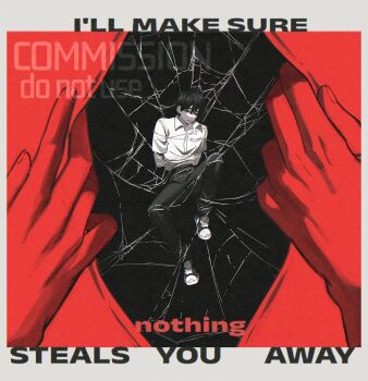 2boys absurdres arms_behind_back bl0bfishnell body_horror border collared_shirt commentary commission english_commentary english_text full_body grey_border highres hikaru_ga_shinda_natsu indou_hikaru male_focus multiple_boys shirt shirt_tucked_in short_hair short_sleeves silk spider_web tsujinaka_yoshiki white_shirt