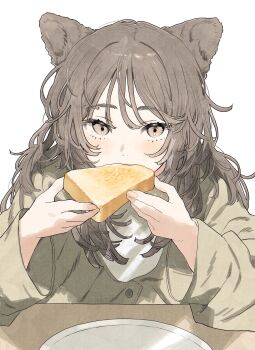 1girl animal_ears blush bread bread_slice buttons cat_ears cat_girl covered_mouth eating food green_shirt grey_eyes grey_hair hair_between_eyes highres holding holding_food leaning_on_table long_hair long_sleeves looking_at_viewer original plate shirt sidelocks solo straight-on takaya_riku toast upper_body