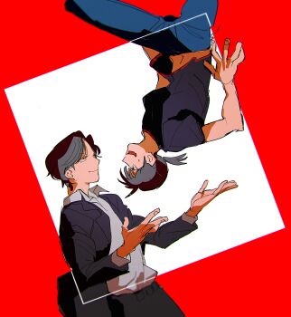 2boys azisaiharumaki56 black_hair black_jacket black_pants black_shirt brown_hair collared_shirt commentary_request highres jacket kindaichi_hajime kindaichi_shounen_no_jikenbo long_sleeves looking_at_another male_focus multiple_boys nervous open_mouth pants ponytail shirt short_hair smile takatoo_youichi upside-down yellow_eyes