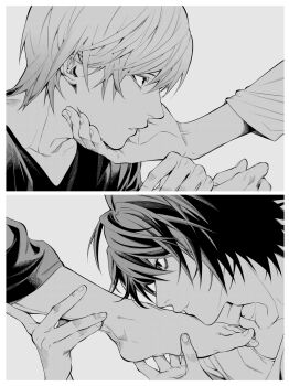 2boys barefoot border collarbone commentary death_note from_side greyscale hand_on_another's_chin highres kissing_foot l_(death_note) long_sleeves male_focus monochrome multiple_boys parted_lips ruttika_shin short_hair simple_background teeth toenails white_background white_border yagami_light yaoi