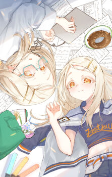2girls amaneshu_vt aqua-framed_eyewear belt black_jacket black_pants black_shirt blonde_hair cable campus_mode!!_(idolmaster) closed_mouth clothes_writing coat colored_eyelashes commentary_request cropped_shirt donut dual_persona earphones food gakuen_idolmaster glasses glowstick green_bag hair_ornament hair_spread_out hairclip highres idolmaster jacket jacket_on_shoulders lab_coat letterman_jacket long_hair looking_at_viewer lying midriff multicolored_jacket multiple_girls notebook on_back on_side open_mouth orange_eyes pants paper parallel_hairclips parted_bangs penlight_(glowstick) plate scattered_paper semi-rimless_eyewear shinosawa_hiro shirt short_sleeves smile split_mouth striped_belt tablet_pc under-rim_eyewear upper_body upside-down white_coat white_jacket