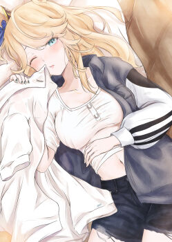 1girl blonde_hair blue_jacket blue_ribbon blue_shorts blush breasts collarbone collared_shirt couch gold_city_(umamusume) green_eyes hair_ornament highres holding holding_shirt holding_unworn_clothes izuminnu jacket long_hair lying medium_breasts navel on_back on_couch ribbon shirt short_sleeves shorts solo swept_bangs umamusume unworn_shirt white_shirt