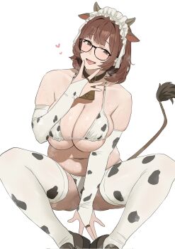 1girl animal_ears animal_print bell bikini blush breasts breath brown_eyes brown_hair cleavage collar cow_ears cow_horns cow_print cow_print_bikini cow_print_thighhighs cow_tail curvy elbow_gloves fake_animal_ears female_focus glasses gloves highres horns huge_breasts looking_at_viewer navel open_mouth print_bikini print_thighhighs shiny_skin shoes simple_background sitting solo sweat swimsuit tail tenko_(dos_704277) thighhighs tongue white_background