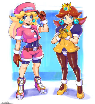 2girls ankle_cuffs ankleband aqua_eyes belt belt_buckle black_bodysuit black_jacket blonde_hair blue_background blush bodysuit bodysuit_under_clothes border breasts brown_belt brown_gloves brown_hair buckle buttons newsboy_cap commentary_request cosplay covered_navel cropped_jacket crotch_plate crown denim denim_shorts earrings flipped_hair gem gloves groin hair_between_eyes hand_up hat high_collar high_heels highres interlocked_fingers jacket jewelry large_breasts leather leather_gloves long_hair looking_at_viewer mario_(series) medium_breasts mega_man_(series) mega_man_legends_(series) multiple_girls nintendo oomasa_teikoku orange_gloves orange_headwear orange_shoes outside_border pantyhose pink_headwear pink_lips pink_shoes platform_footwear princess_daisy princess_peach puffy_short_sleeves puffy_sleeves roll_caskett_(mega_man) roll_caskett_(mega_man)_(cosplay) shoes short_shorts short_sleeves shorts signature smiley_face_earrings stitched_mouth stitches super_mario_land thighs thumbs_up tron_bonne_(mega_man) tron_bonne_(mega_man)_(cosplay) v-shaped_eyebrows white_border wristband