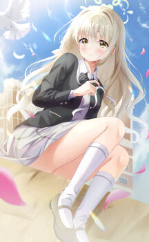 1girl absurdres bird black_bow blue_archive blue_sky blurry blurry_background blush bow breasts chair closed_mouth commentary_request day falling_petals green_halo grey_jacket grey_skirt hair_between_eyes hair_bow hair_ornament halo highres holding holding_ribbon jacket long_hair long_sleeves looking_at_viewer medium_breasts miyo_(blue_archive) neckerchief outdoors petals pink_petals pleated_skirt ribbon sa07_drawing school_uniform shirt sitting skirt sky socks solo striped_bow white_bird white_ribbon white_shirt white_socks yellow_eyes