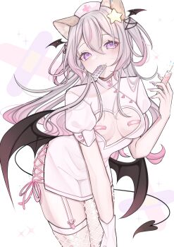 1girl absurdres animal_ears annytf asymmetrical_legwear bandaid bandaids_on_nipples blister_pack breasts clothing_cutout commentary cowboy_shot cross cross_print demon_girl demon_tail demon_wings double-parted_bangs dress english_commentary fishnet_thighhighs fishnets fox_ears fox_girl garter_straps grey_hair hair_between_eyes hair_ornament hat head_wings heart_cutout highres holding holding_syringe indie_virtual_youtuber long_hair looking_at_viewer mouth_hold multicolored_hair nurse nurse_cap pasties pink_dress pink_hat pink_streaks purple_eyes rosheil short_sleeves single_garter_strap small_breasts smile solo star_(symbol) star_hair_ornament streaked_hair syringe tail thighhighs virtual_youtuber white_background wings