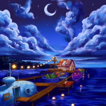 Rule 34 | boots, building, buoy, cloud, crescent moon, davinciwannabe, dock, highres, lake, lights, moon, night, pier, rug, scenery, sky, star (sky), stardew valley, starry sky