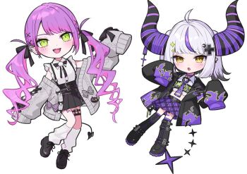 Rule 34 | 2girls, ahoge, black boots, black hair, black ribbon, black shoes, black skirt, blue sky, blush, boots, bow, cardigan, chibi, chibi only, colored tips, commentary request, cross hair ornament, ear piercing, fang, green eyes, grey bow, grey cardigan, hair ornament, hair ribbon, hololive, horns, la+ darknesss, la+ darknesss (casual), leg warmers, long sleeves, looking at viewer, multicolored hair, multiple girls, necktie, nemoto yuuma, off shoulder, open mouth, parted lips, piercing, pink hair, plaid clothes, plaid skirt, pleated skirt, pointy ears, purple hair, ribbon, shoes, simple background, skirt, sky, sleeves past fingers, sleeves past wrists, sparkle hair ornament, streaked hair, tokoyami towa, tokoyami towa (jirai kei), virtual youtuber, white background, white hair, white leg warmers, yellow eyes