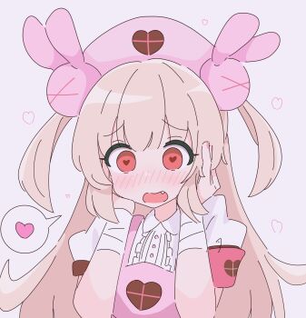 1girl absurdres apron bandaged_arm bandages blonde_hair blush commentary_request fang hair_ornament hands_on_own_cheeks hands_on_own_face hat heart heart-shaped_pupils heart_print highres long_hair natori_sana nurse_cap okumoto_(sugoku_erai) open_mouth pink_apron rabbit_hair_ornament red_eyes sana_channel shirt short_sleeves solo spoken_heart symbol-shaped_pupils two_side_up virtual_youtuber white_shirt