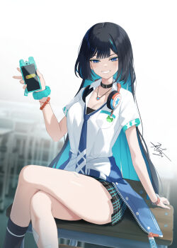1girl black_choker black_hair black_skirt black_survival blue_eyes blue_hair blue_necktie breast_pocket breasts chaciooh choker cleavage collared_shirt crossed_legs debi_(after_school)_(black_survival) debi_(black_survival) desk eternal_return:_black_survival grin headphones headphones_around_neck highres holding holding_phone jewelry long_hair looking_at_viewer medium_breasts miniskirt multicolored_hair necklace necktie official_alternate_costume on_desk phone plaid_clothes plaid_skirt pleated_skirt pocket revision scrunchie shirt short_sleeves simple_background sitting skirt smile solo streaked_hair thighs two-tone_hair very_long_hair white_background white_shirt wrist_scrunchie
