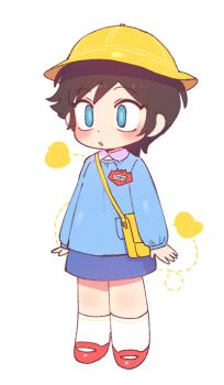 1girl aged_down bag batrobin_k bird black_hair blue_eyes blue_shirt blue_skirt blush child collared_shirt full_body hat highres kindergarten_uniform long_sleeves name_tag original parted_lips robin_(batrobin_k) school_hat shirt shoes short_hair shoulder_bag simple_background skirt socks solo standing white_background white_socks yellow_bag