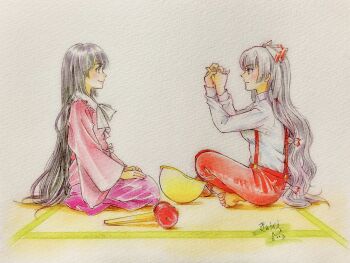 2girls barefoot black_hair breasts collar crossed_legs dress fujiwara_no_mokou grey_hair hands_on_lap hard_hat hat helmet highres houraisan_kaguya kneeling long_hair medium_breasts multiple_girls ofuda on_floor own_hands_together pants pink_shirt playing purple_dress q-bee_(aaru) red_eyes red_pants red_suspenders ribbon rock_paper_scissors seiza shirt sitting smile tatami touhou toy_hammer very_long_hair white_background white_collar white_ribbon white_shirt yellow_hat