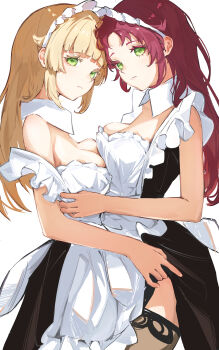 2girls absurdres aisha_greyrat alternate_costume apron asymmetrical_docking bare_shoulders black_dress black_garter_straps black_thighhighs blonde_hair blunt_bangs breast_press breasts closed_mouth clothes_lift clothes_pull commentary cowboy_shot detached_collar dress dress_lift dress_pull enmaided expressionless frilled_dress frills garter_straps green_eyes hair_flaps half-siblings highres incest lifting_another's_clothes long_hair looking_at_viewer maid maid_apron maid_headdress medium_breasts multiple_girls mushoku_tensei norn_greyrat off_shoulder pulling_another's_clothes red_hair ronuma siblings simple_background sisters straight_hair thighhighs white_background yuri