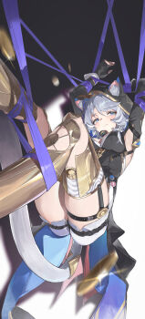 1girl absurdres animal_ear_fluff berserker_r black_gloves blue_eyes breasts cat_girl cat_tail cipher_(honkai:_star_rail) coin fingerless_gloves gloves grey_hair highres honkai:_star_rail honkai_(series) hood hood_up hooded_leotard medium_breasts solo suspension tail