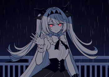 1girl bare_shoulders black_bow bow bowtie closed_mouth commentary crying dogari hair_bow highres lilith_(the_noexistencen_of_you_and_me) long_hair looking_at_viewer night rain red_eyes sleeveless solo the_noexistencen_of_you_and_me two_side_up very_long_hair white_bow white_bowtie white_hair wrist_cuffs