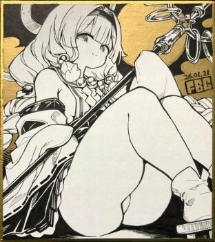 1girl ass bare_shoulders braid breasts closed_mouth commentary_request dated detached_sleeves fbc geta hair_intakes hairband holding holding_staff long_hair long_sleeves looking_at_viewer photo_(medium) pleated_skirt sailor_collar shide shikishi shirt sideboob signature skirt sleeveless sleeveless_shirt sleeves_past_fingers sleeves_past_wrists small_breasts smile socks solo staff tabi traditional_media trickcal very_long_hair yomi_(trickcal)