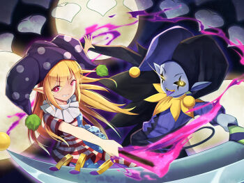 1girl 1other american_flag_dress american_flag_legwear black_sclera blonde_hair blue_dress blue_hat blue_pantyhose blue_skin clownpiece colored_sclera colored_skin commentary deltarune dress english_commentary grin hair_between_eyes hat holding holding_torch holding_weapon jester_cap jevil long_hair looking_at_viewer moon neck_ruff pantyhose pink_eyes polka_dot polka_dot_headwear purple_hat red_dress red_pantyhose scythe sharp_teeth short_dress short_sleeves smile star_(symbol) star_print striped_clothes striped_dress striped_pantyhose teeth tongue tongue_out torch touhou trait_connection utdr_(toby_fox) weapon white_dress white_pantyhose yellow_eyes z.o.b