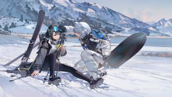 Rule 34 | 2girls, adjusting goggles, animal ears, arknights, arknights: endfield, aurora (arknights), bag, bear ears, bear girl, black coat, black gloves, black hair, black pantyhose, black shoes, blue eyes, cloud, coat, endministrator (arknights), female endministrator (arknights), gloves, goggles, goggles on head, hand on own hip, highres, hood, hood down, hooded coat, looking at another, looking at viewer, mountain, multiple girls, official art, on one knee, open clothes, open coat, outdoors, pants, pantyhose, paw shoes, qiqu, second-party source, shoe soles, shoes, short hair, sitting, ski goggles, ski pole, snowboard, snowshine (arknights), white hair, white pants, winter
