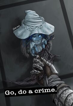 Rule 34 | 1boy, 1girl, bloody wolf (elden ring), blue eyes, blue skin, cloak, colored skin, dress, elden ring, extra arms, go do a crime (meme), hat, highres, holding, holding knife, iiimp, knife, lunar princess ranni, meme, miniature ranni, one eye closed, ranni the witch, signature, tarnished (elden ring), white dress, witch hat