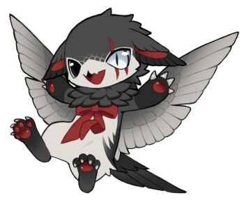 1girl animal_ears animal_feet animal_hands beak bird black_beak black_feathers black_tail bow chibi chibi_only chimney_swift claws colored_sclera feathers full_body furry grey_feathers griffin heterochromia jejejunum jeju_(jejejunum) neck_fur open_mouth original outstretched_arms pawpads red_bow red_ribbon ribbon scar scar_across_eye scar_on_face simple_background smile solo spread_arms white_background wings yellow_feathers yellow_sclera