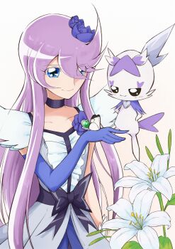 1girl 1other aizawa_zawapo black_choker black_eyes black_ribbon blue_capelet blue_eyes blue_flower blue_gloves blue_rose blush bug butterfly butterfly_on_hand butterfly_wings capelet center_frills choker cologne_(heartcatch_precure!) cure_moonlight dress elbow_gloves eyes_visible_through_hair flower flower_hairpin frilled_dress frills gem gloves green_gemstone hair_ornament hands_on_own_hips heart heart-shaped_gem heartcatch_precure! highres insect insect_wings jewelry layered_clothes layered_dress leaf long_hair one_eye_covered precure purple_hair ribbon rose short_sleeves simple_background smile tail tsukikage_yuri very_long_hair waist_ribbon white_background white_dress white_flower white_fur white_gloves white_petals white_wings wings