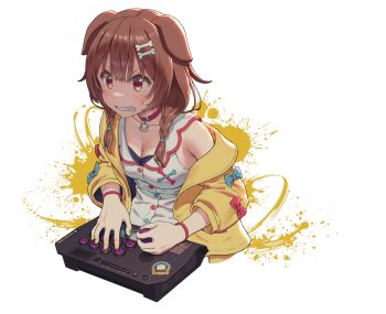 1girl akoto_0000 animal_collar animal_ears arcade_stick blush bone_hair_ornament braid breasts brown_eyes brown_hair center-flap_bangs cleavage clenched_teeth collar commentary_request controller dog_ears double-parted_bangs dress game_controller hair_between_eyes hair_ornament hairclip highres hololive inugami_korone inugami_korone_(1st_costume) jacket joystick large_breasts long_hair low_twin_braids low_twintails nail_polish off_shoulder open_clothes open_jacket red_collar short_dress simple_background sleeveless sleeveless_dress solo solo_focus street_fighter sweatdrop teeth twin_braids twintails virtual_youtuber white_background white_dress wristband yellow_jacket yellow_nails