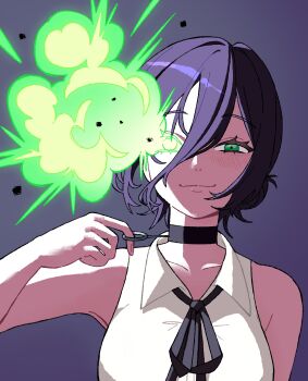 1girl absurdres black_choker black_ribbon chainsaw_man choker closed_mouth collared_shirt doodlelotl green_eyes grenade_pin hair_bun highres neck_ribbon purple_background purple_hair reze_(chainsaw_man) ribbon shirt sleeveless sleeveless_shirt solo white_shirt