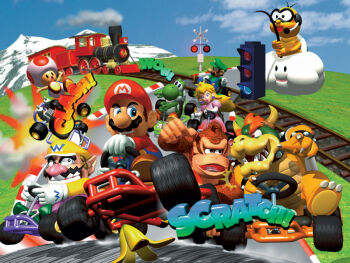 Rule 34 | 1990s (style), 1girl, 3boys, banana peel, blonde hair, blue eyes, bowser, car, cloud, creature, crown, donkey kong, donkey kong (series), dress, elbow gloves, everyone, facial hair, gloves, kart, lakitu, long hair, luigi, mario, mario (series), mario kart, mario kart 64, motor vehicle, mountain, multiple boys, mustache, nintendo, official art, outdoors, pink dress, princess, princess peach, racing, railroad tracks, retro artstyle, short hair, sky, smile, snow, sound effects, super mario bros. 1, toad (mario), train, wario, yoshi